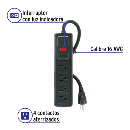 Multicontacto doméstico con 4 entradas, negro, VOLTECK