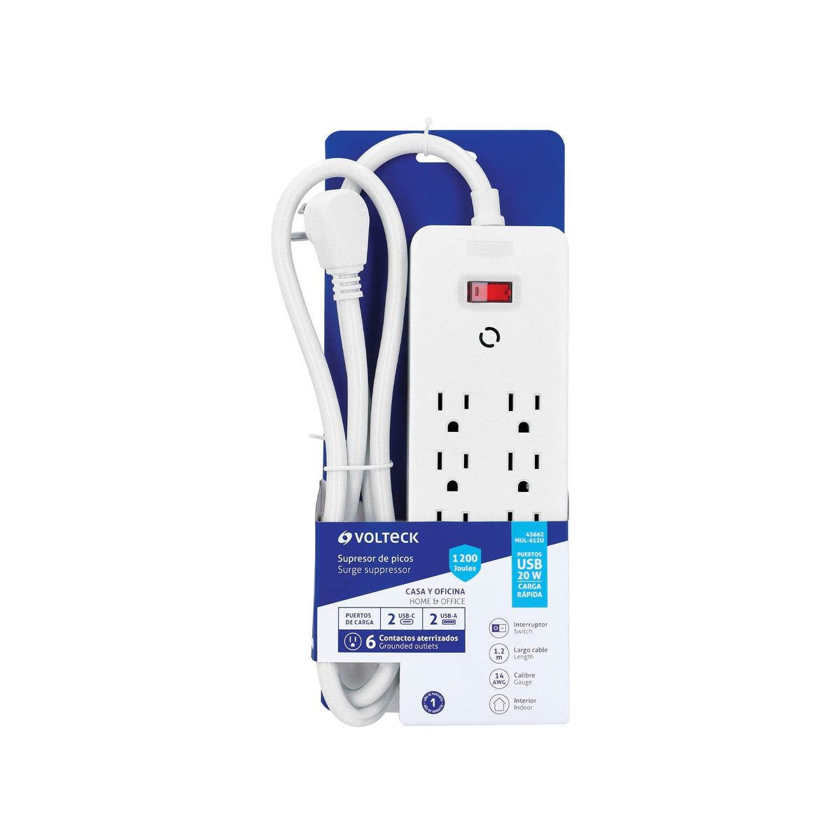 Multicontacto 6 entradas, 2 USB A + 2 USB C, blanco, VOLTECK blanco
