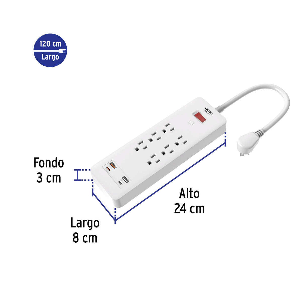 Multicontacto 6 entradas, 2 USB A + 2 USB C, blanco, VOLTECK blanco