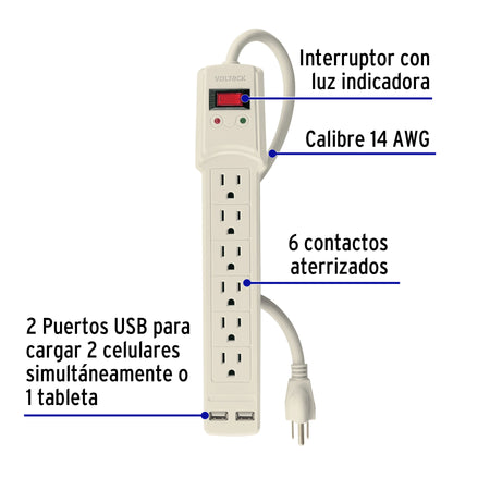 Multicontacto 14 AWG 6 entradas, 2 puertos USB, 850 J marfil