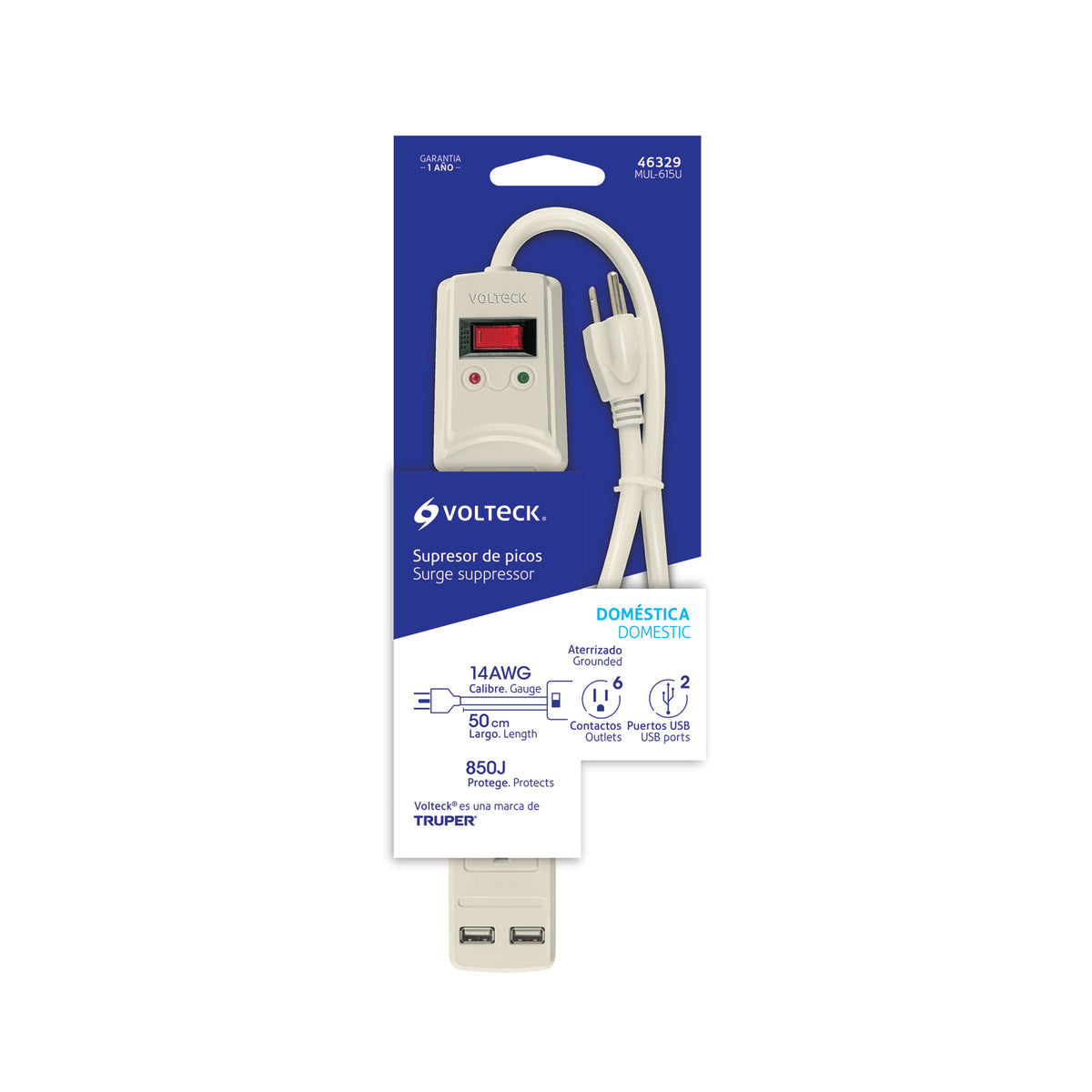 Multicontacto 14 AWG 6 entradas, 2 puertos USB, 850 J marfil