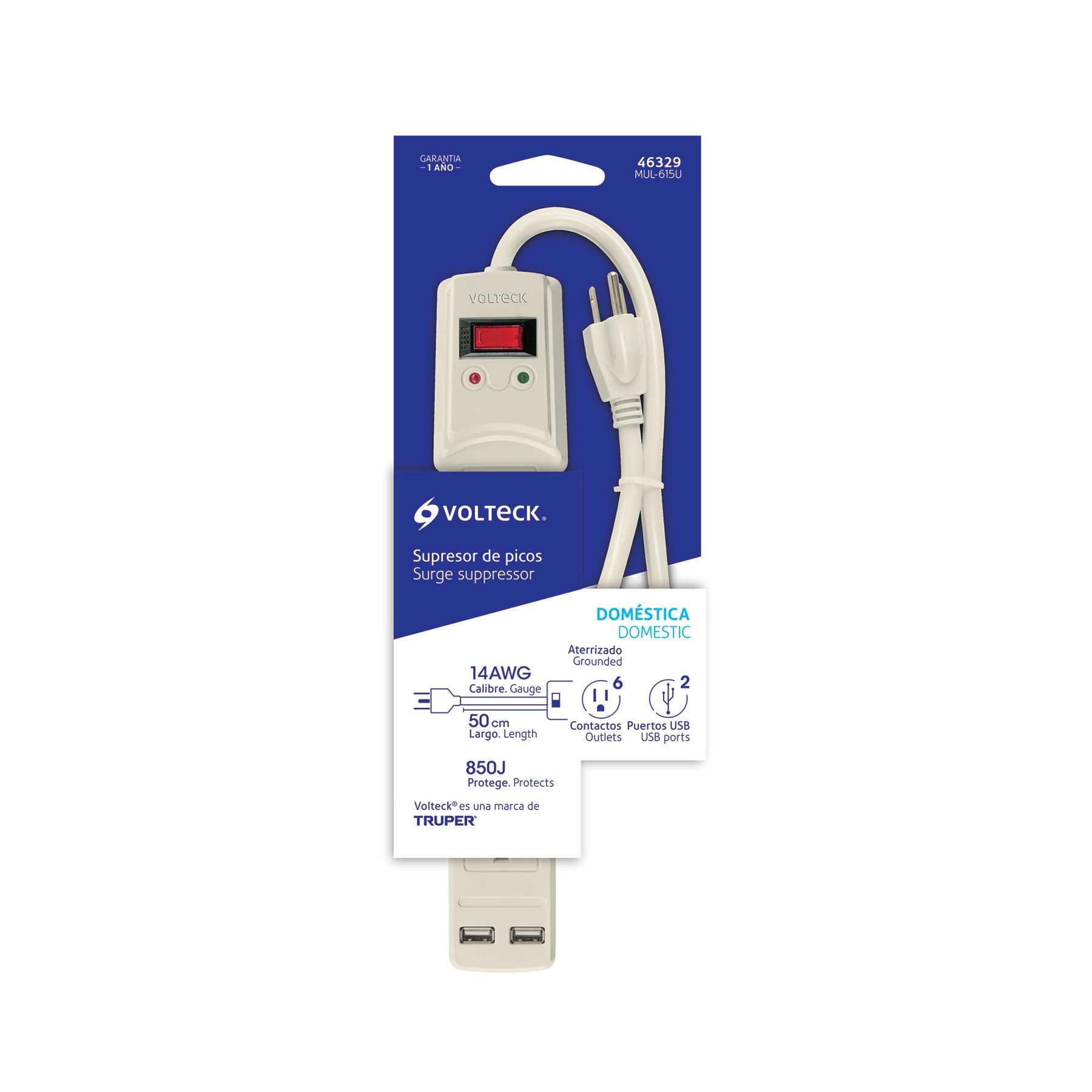 Multicontacto 14 AWG 6 entradas, 2 puertos USB, 850 J marfil