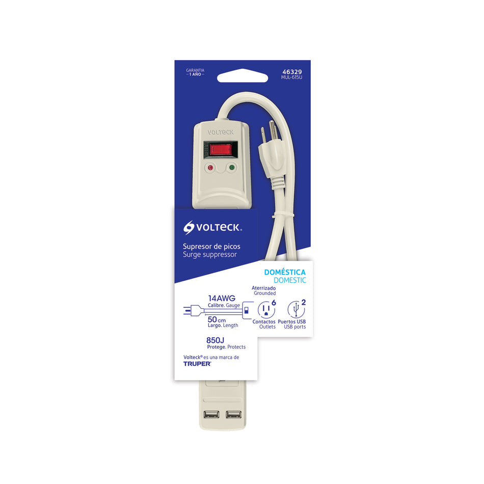 Multicontacto 14 AWG 6 entradas, 2 puertos USB, 850 J marfil