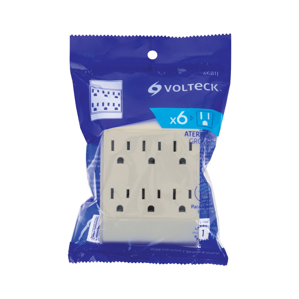 Multicontacto 6 entradas, aterrizado, cuadrado, Volteck
