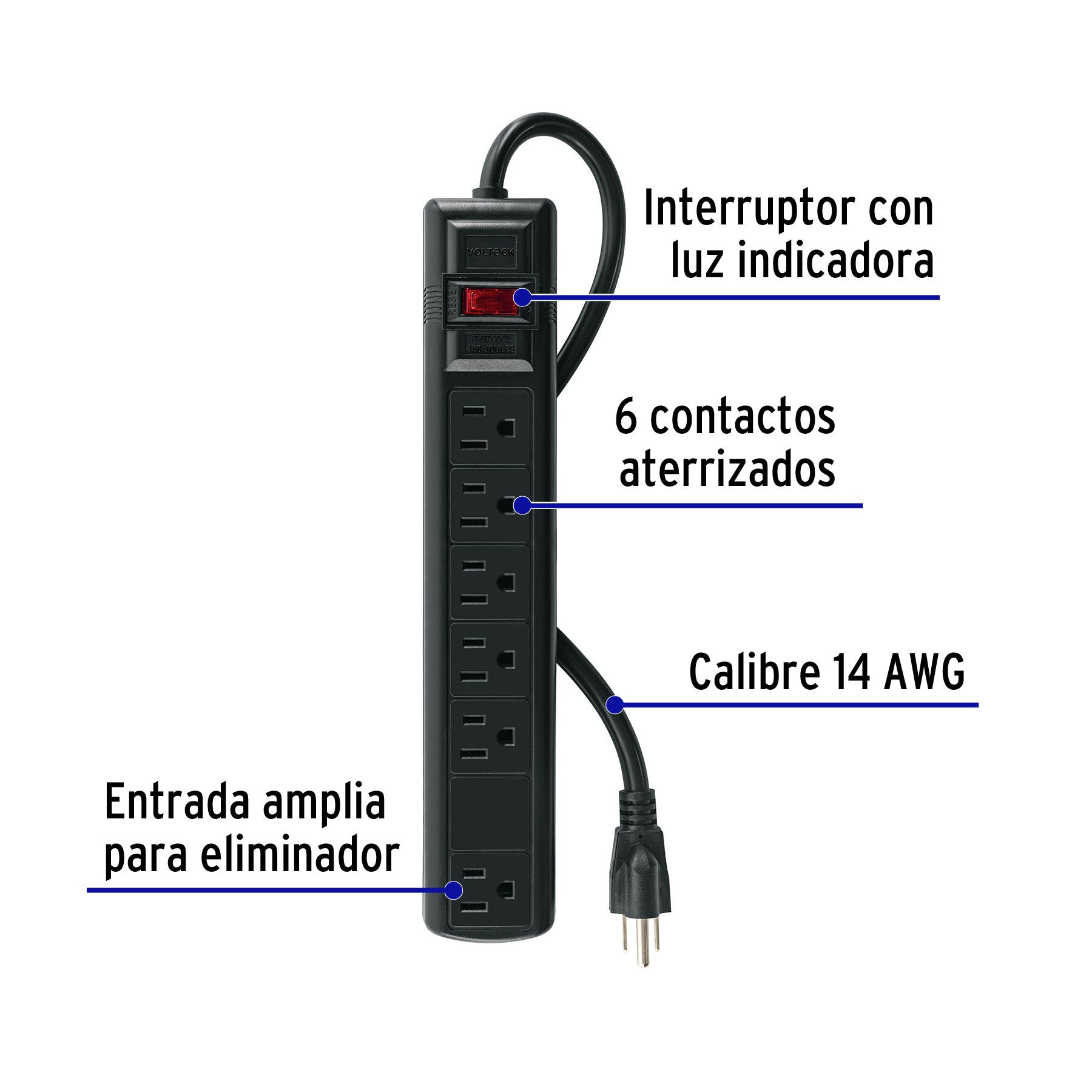 Multicontacto 14 AWG 6 ent., sup. de picos 450 joules, negro