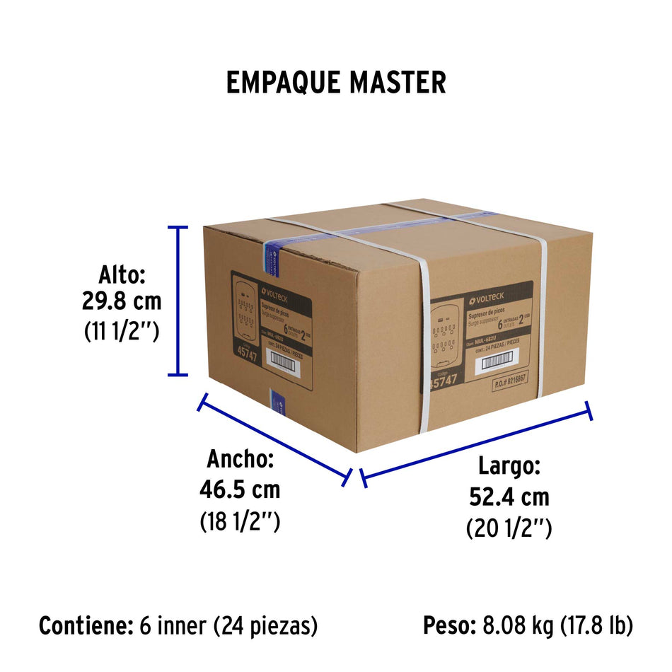 Multicontacto de pared, 800 Joules, 6 contactos y 2 USB A+C