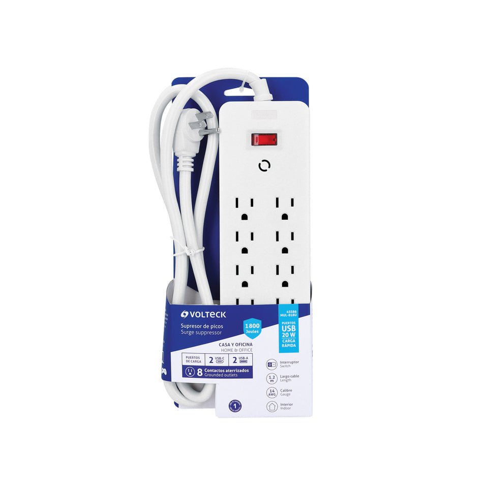 Multicontacto 8 entradas, 2 USB A + 2 USB C, blanco, VOLTECK blanco