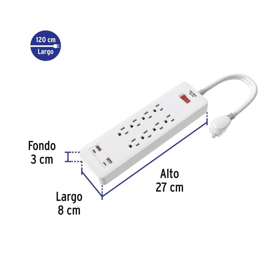 Multicontacto 8 entradas, 2 USB A + 2 USB C, blanco, VOLTECK blanco