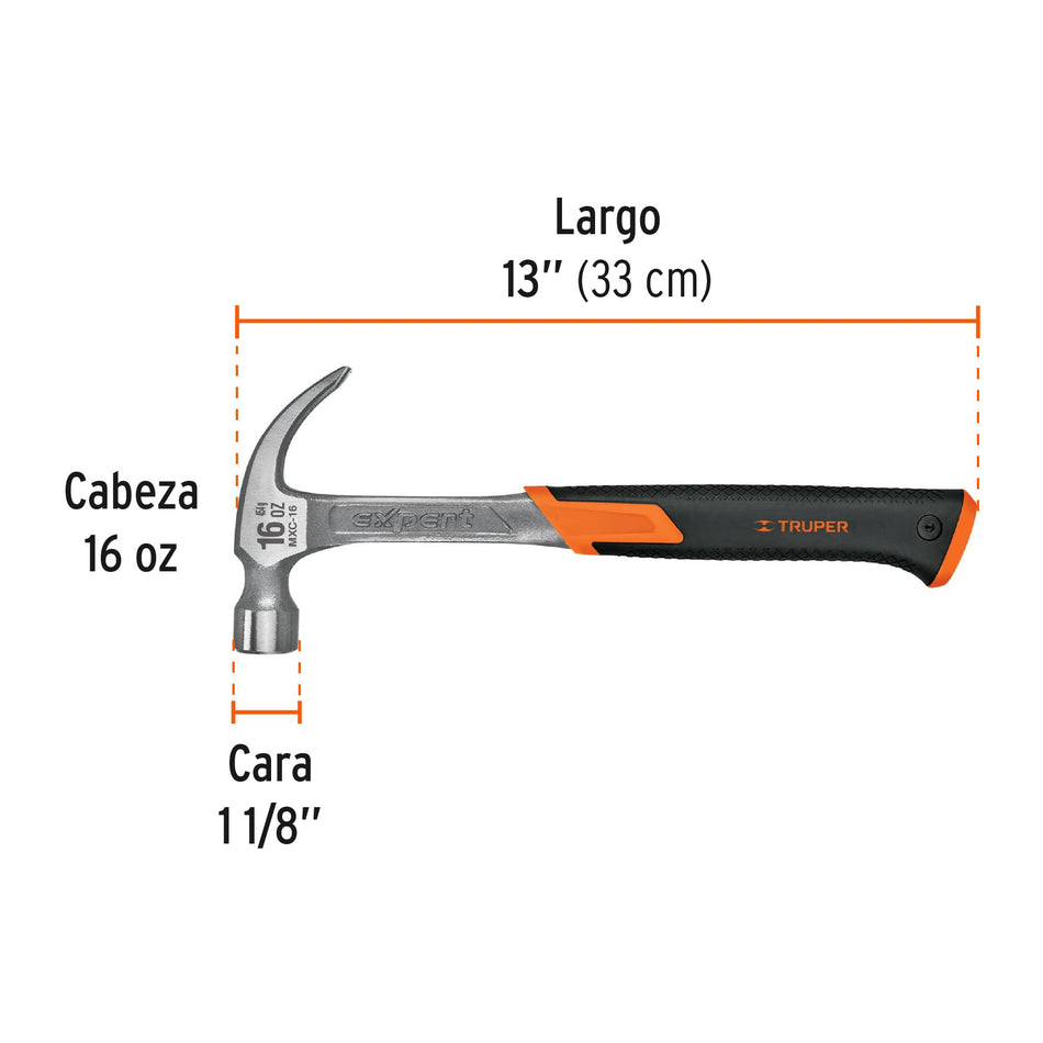 Martillo forjado 16 oz uña curva, mango con neopreno, Expert 16 oz