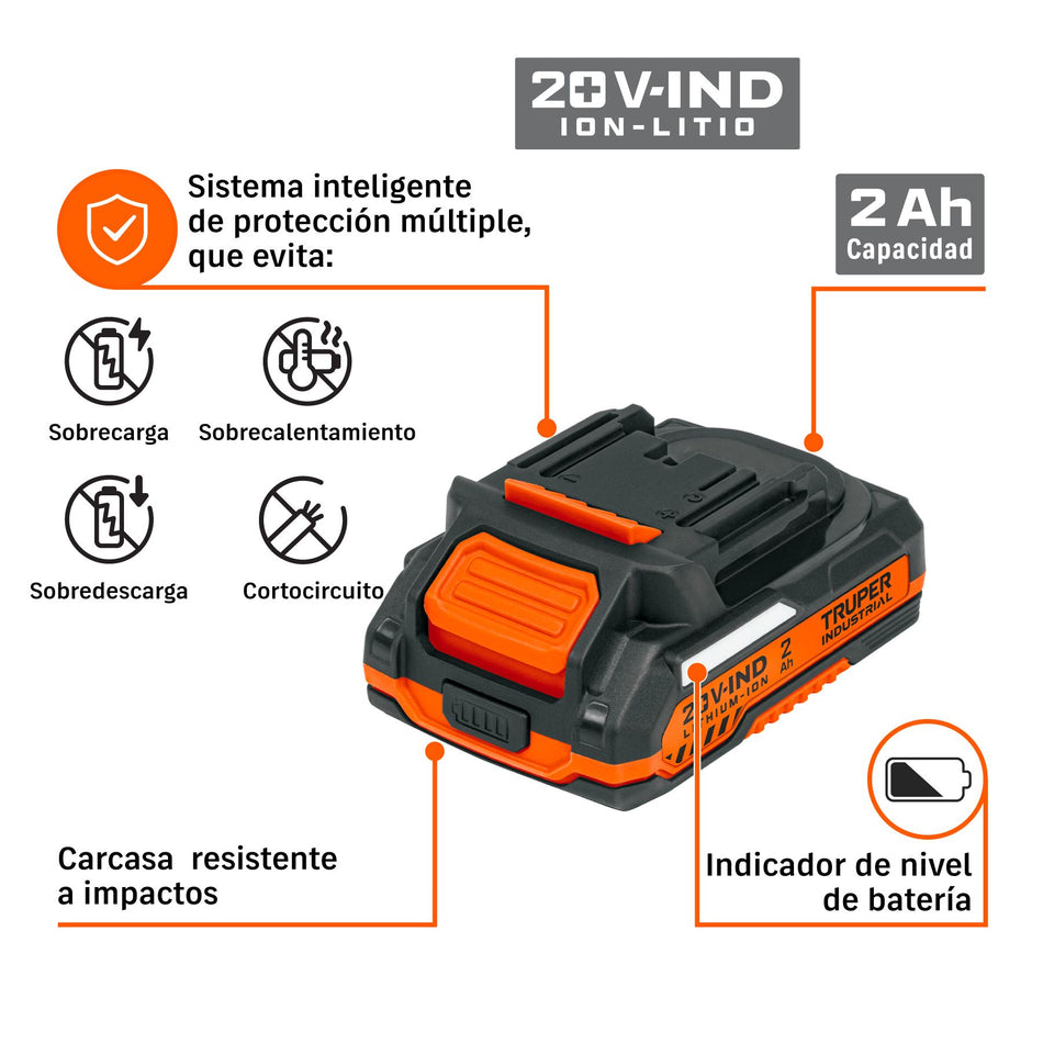 Batería ion litio, 20V, 2 Ah, TRUPER INDUSTRIAL