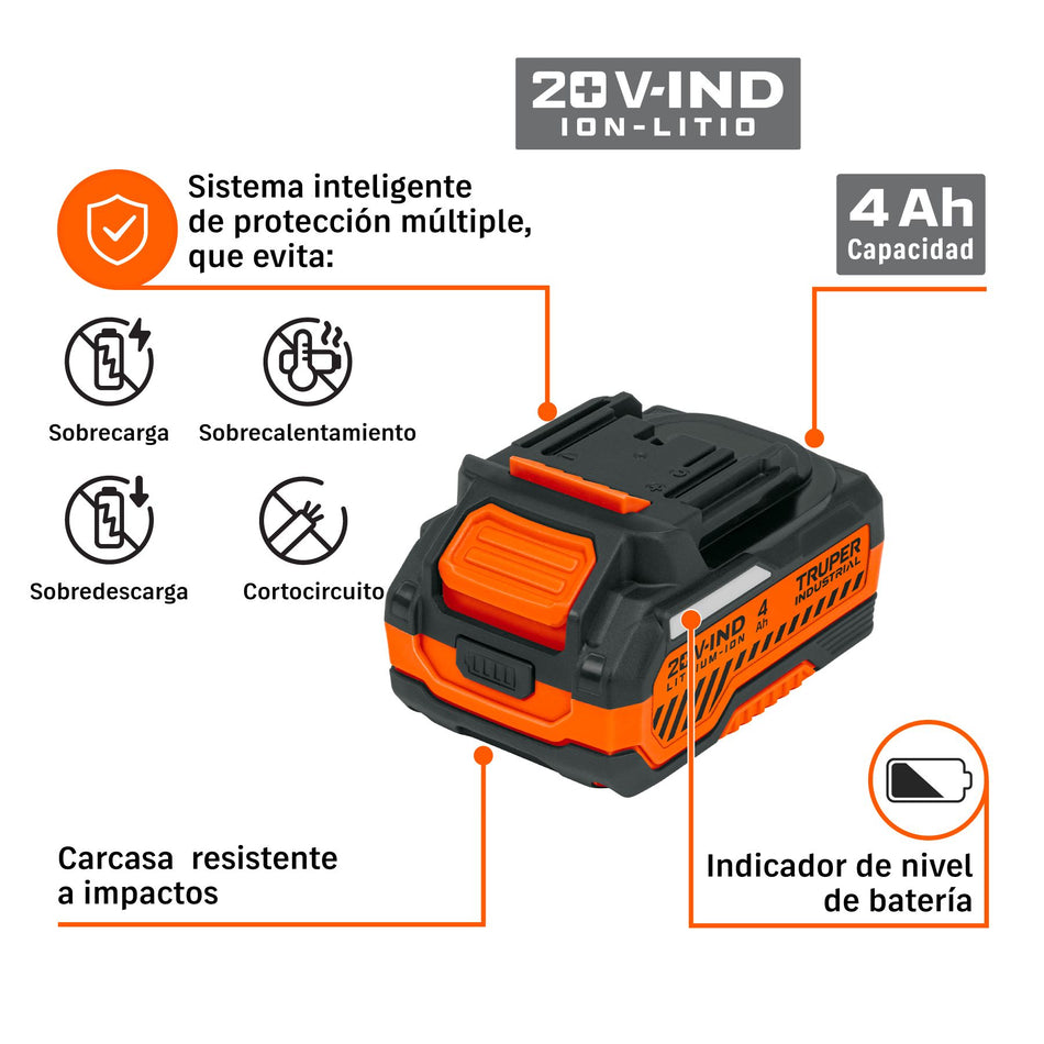 Batería ion litio, 20V, 4 Ah, TRUPER INDUSTRIAL