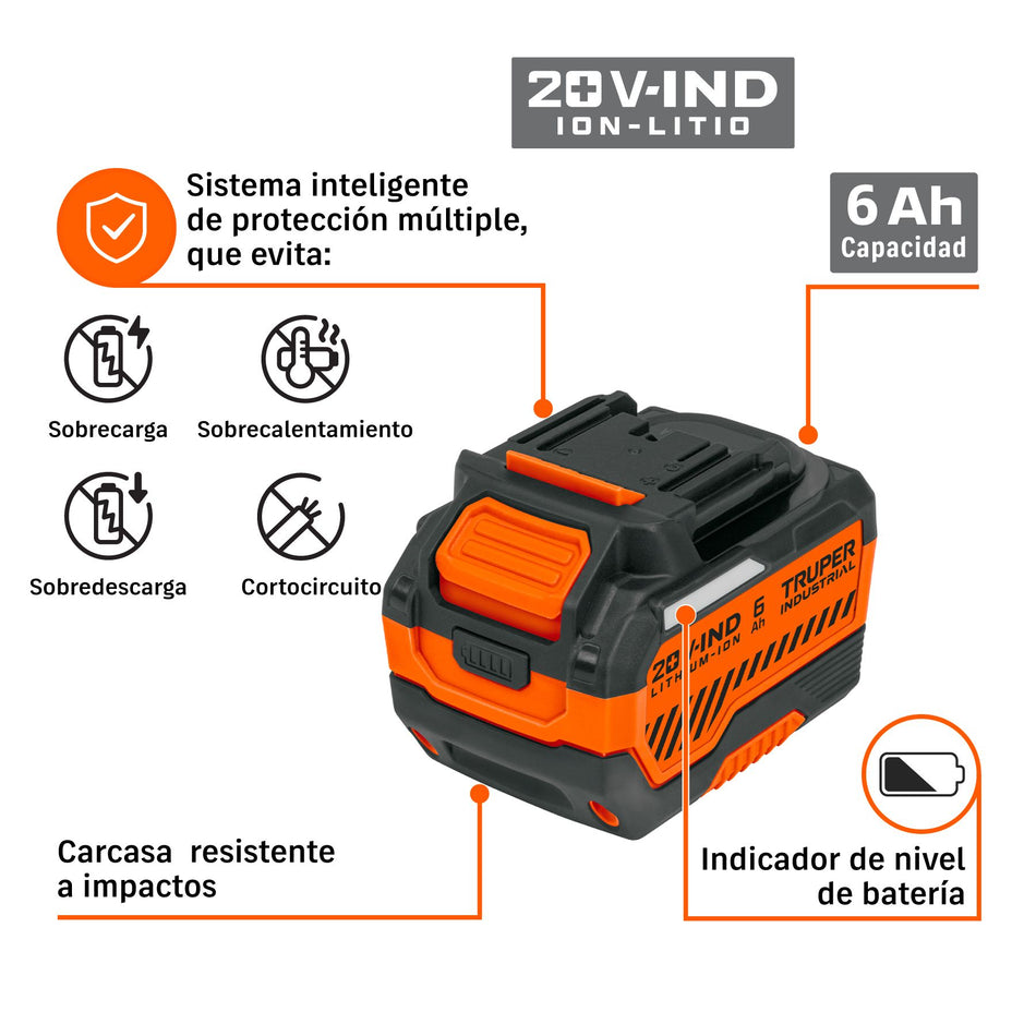 Batería ion litio, 20V, 6 Ah, TRUPER INDUSTRIAL