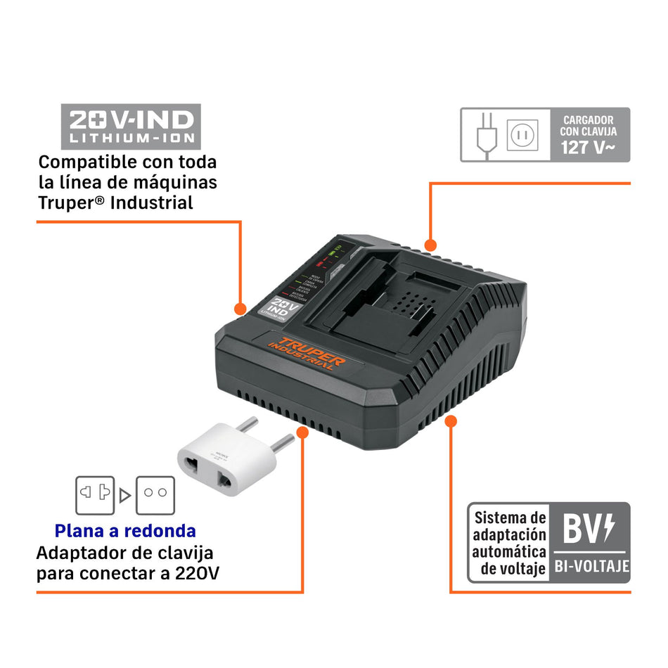 Cargador rápido de baterías de ion litio 20V, INDUSTRIAL