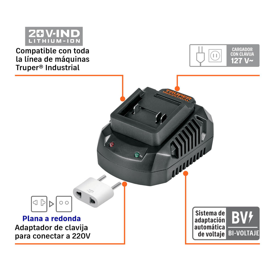 Cargador de baterías de ion litio 20V, TRUPER INDUSTRIAL