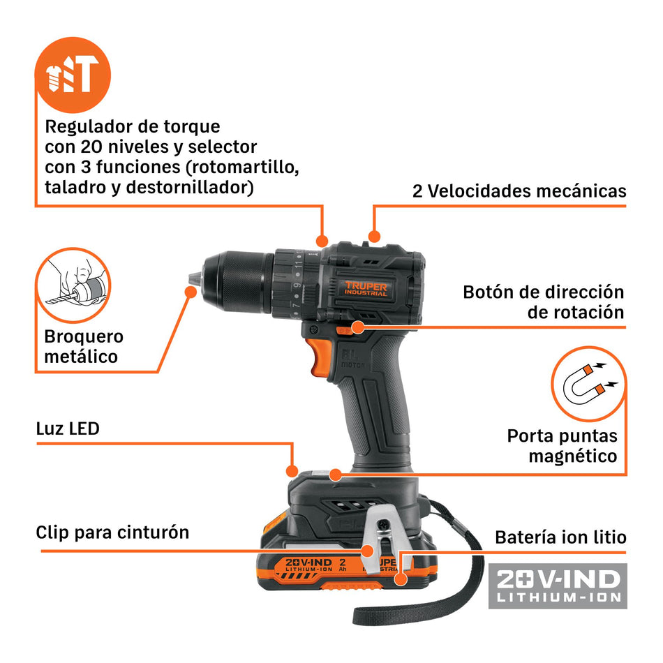 Rotomartillo/destornillador 1/2", 20V, 70Nm, 2 baterías 2Ah