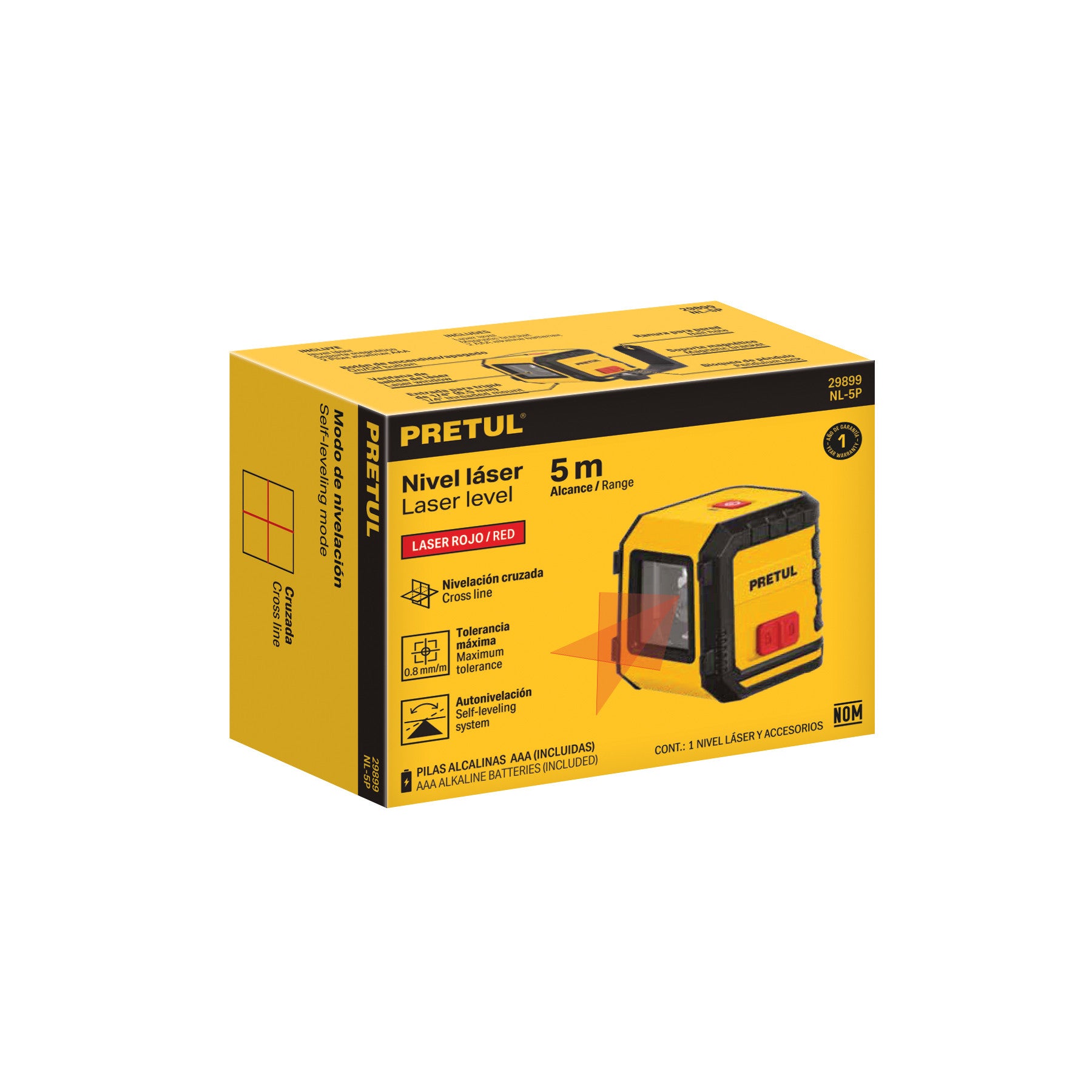 Nivel láser rojo, alcance 5 m, de pilas, PRETUL