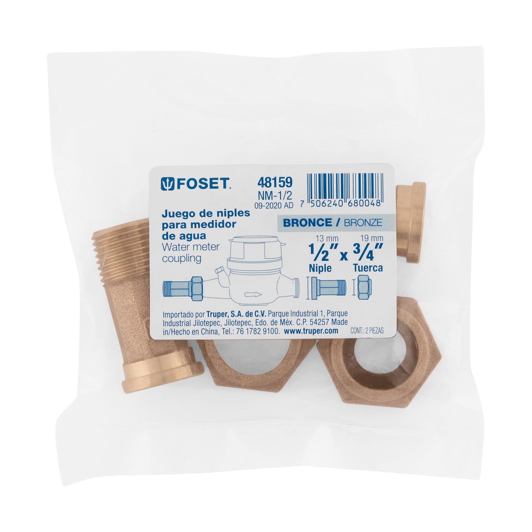 Juego de 2 niples para medidor de agua, 1/2 x 3/4', FOSET