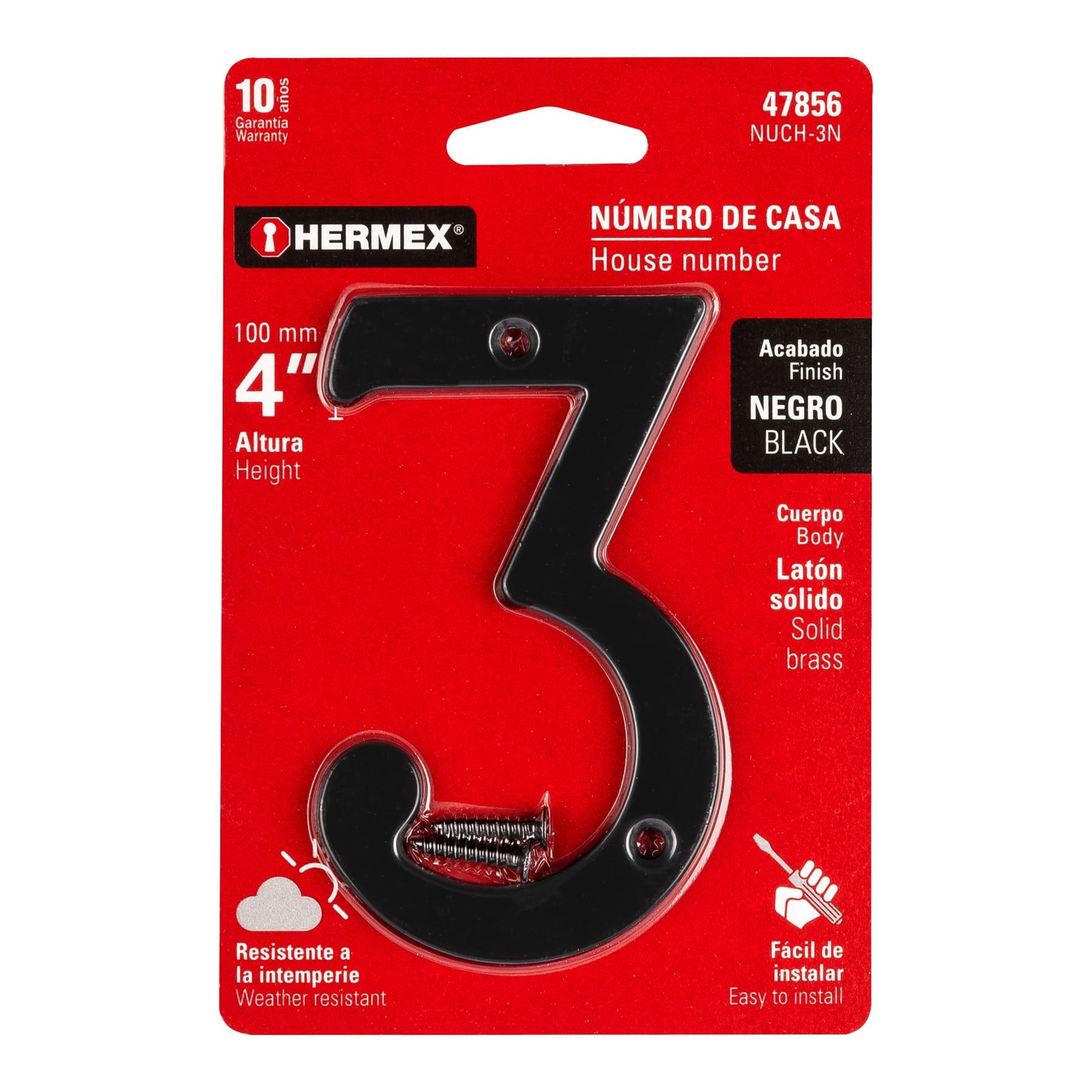 Número 3 de latón sólido 4', negro,  HERMEX