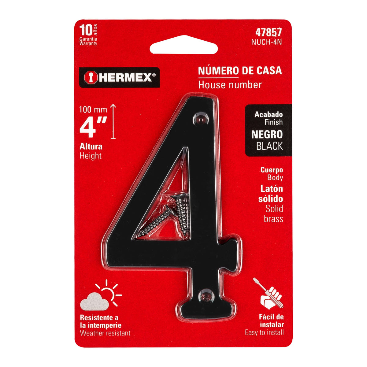 Número 4 de latón sólido 4', negro,  HERMEX