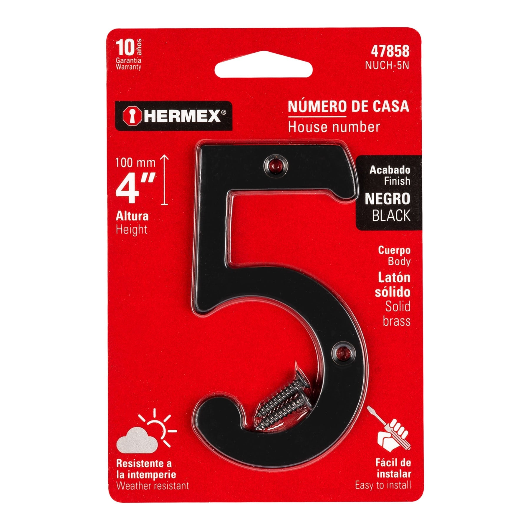 Número 5 de latón sólido 4', negro,  HERMEX