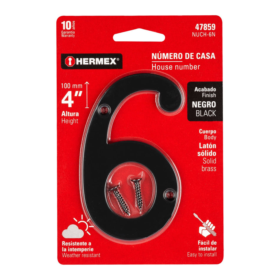 Número 6 de latón sólido 4', negro,  HERMEX