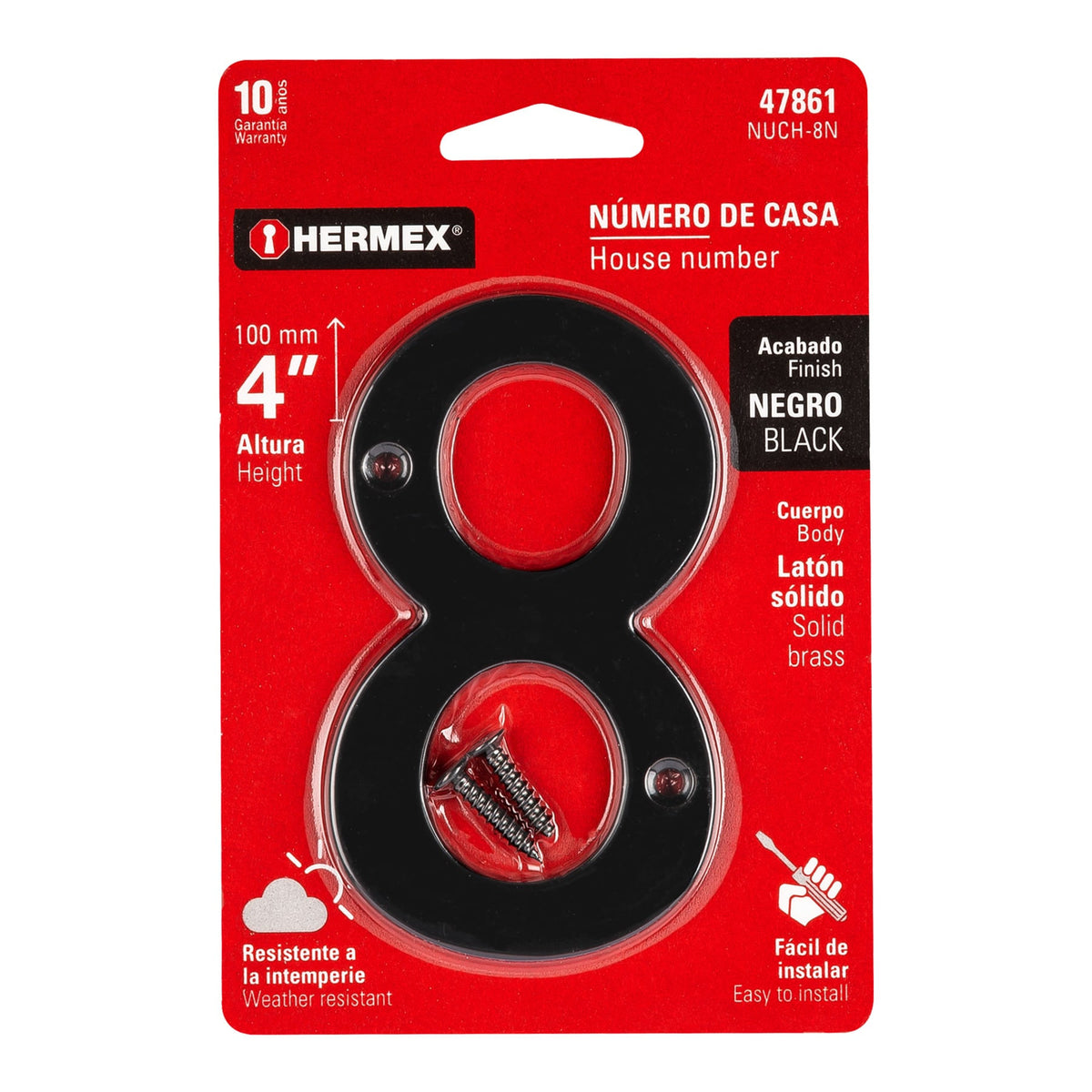 Número 8 de latón sólido 4', negro,  HERMEX