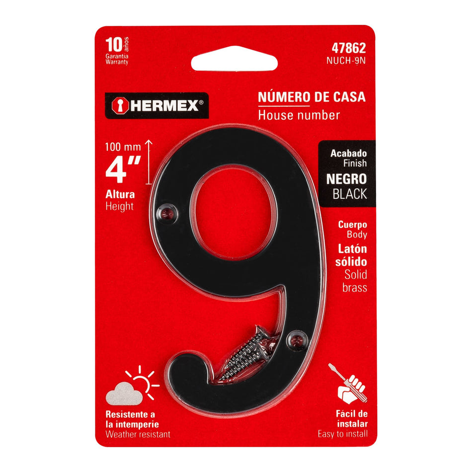 Número 9 de latón sólido 4', negro,  HERMEX