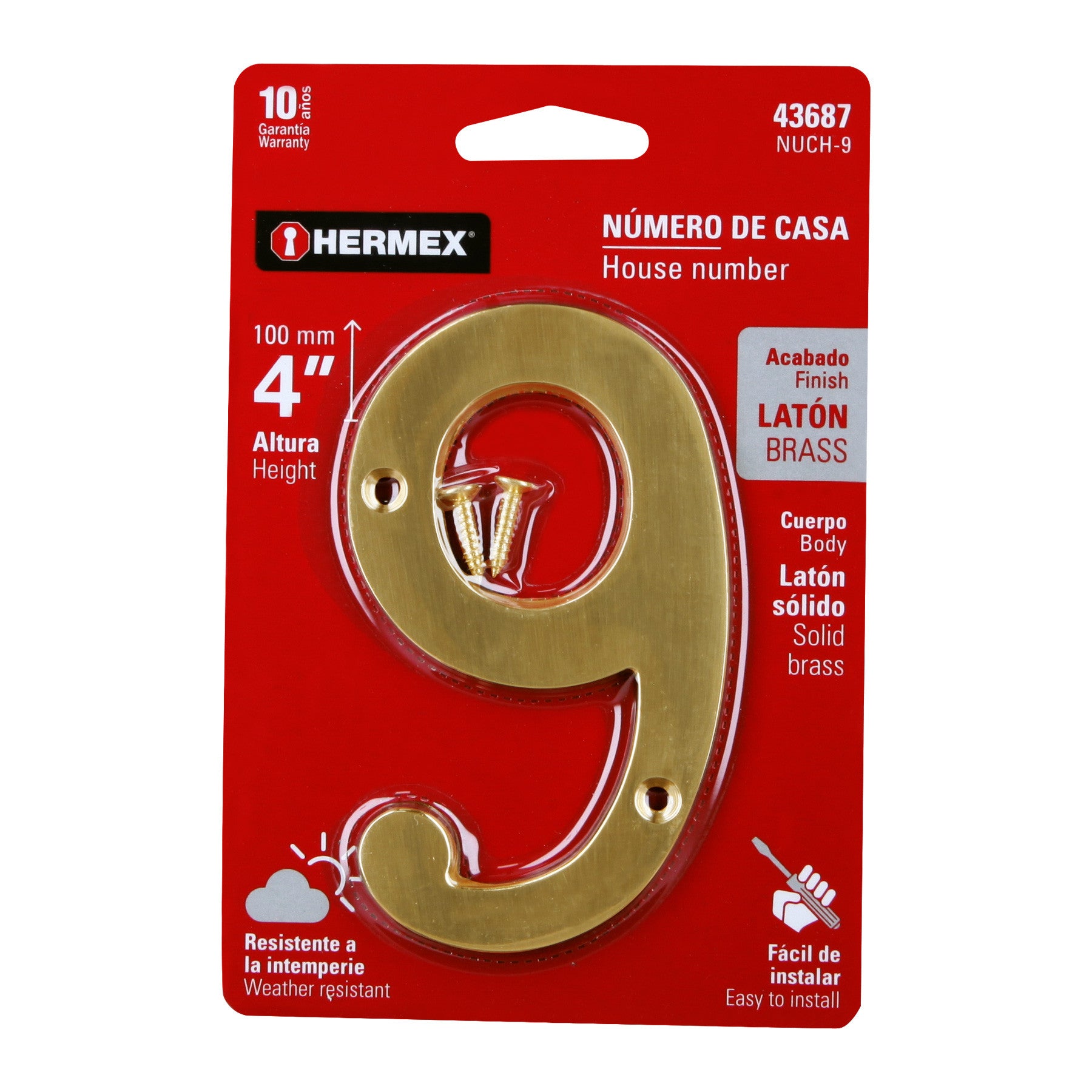 Número 9 de latón sólido 4', HERMEX