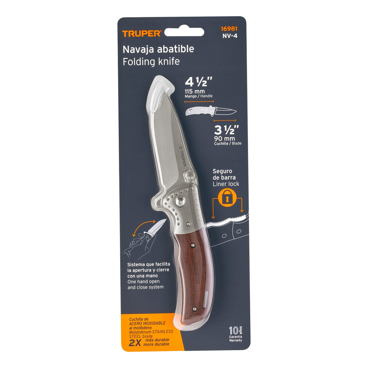 Navaja abatible 4-1/2' mango de madera, Truper 1/2'