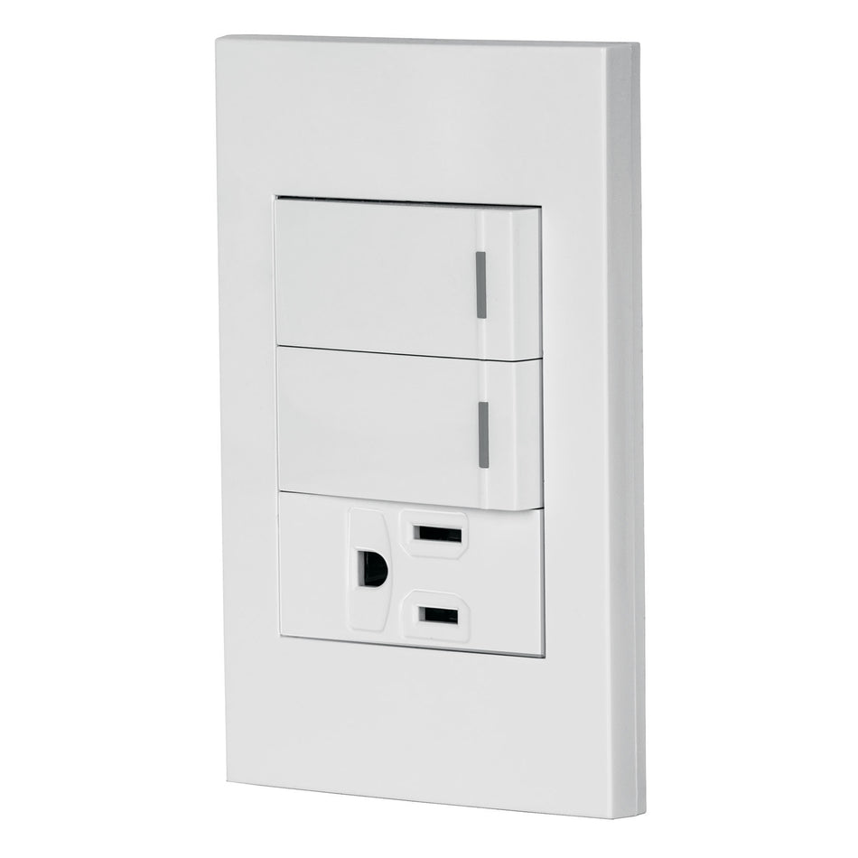 Placa armada 2 interruptores,1 contacto,1mod,Española,blanco