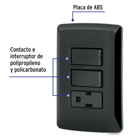 Placa armada contacto 2 interruptores, negro, Línea Italiana