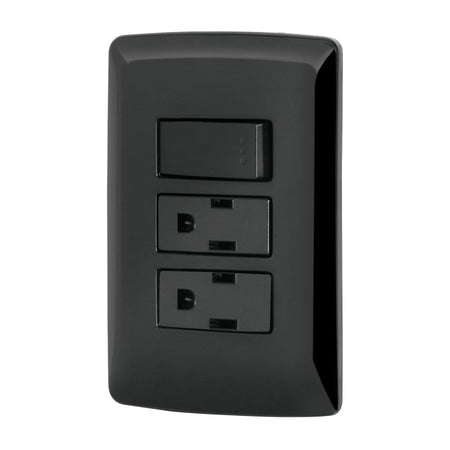 Placa armada 2 contactos e interruptor,negro, línea Italiana