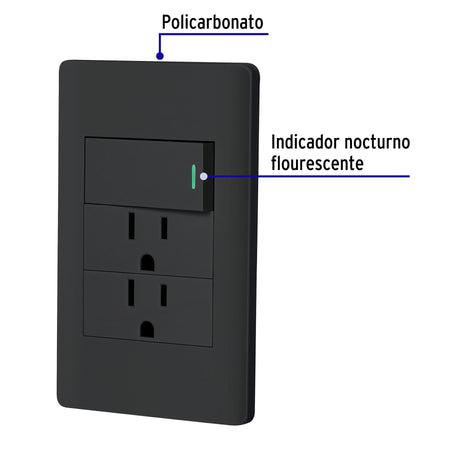 Placa armada negra interruptor y 2 contactos 1 mod Lisboa