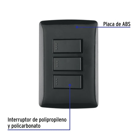 Placa armada 3 interruptores sencillos,negro, línea Italiana