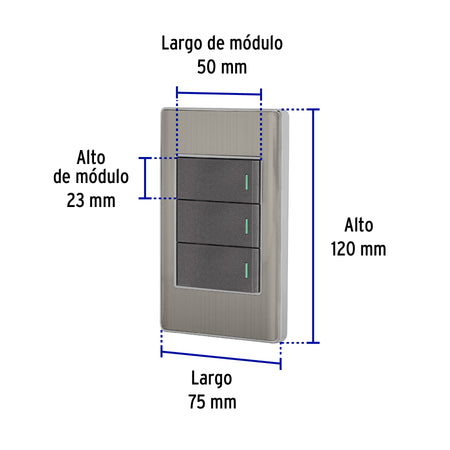 Placa armada acero inox 3 interruptores 1 modulo Lisboa