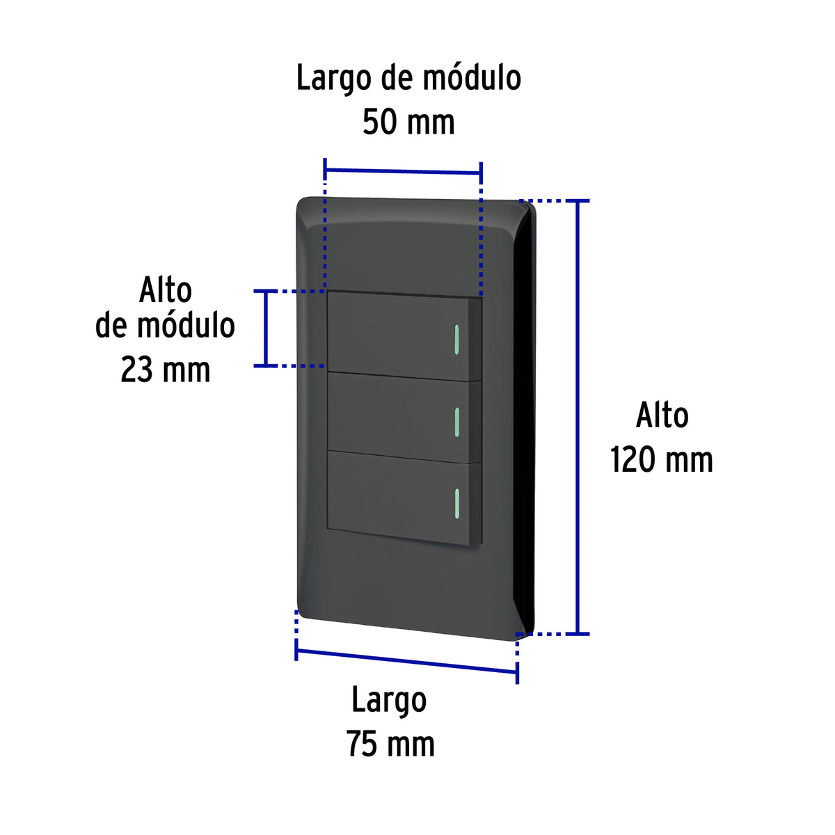 Placa armada negra 3 interruptores 1 módulo, Lisboa, Volteck