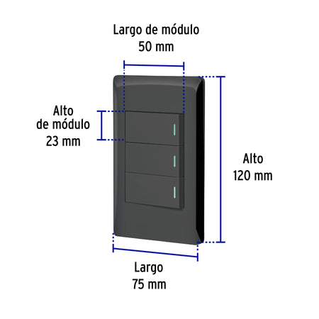 Placa armada negra 3 interruptores 1 módulo, Lisboa, Volteck