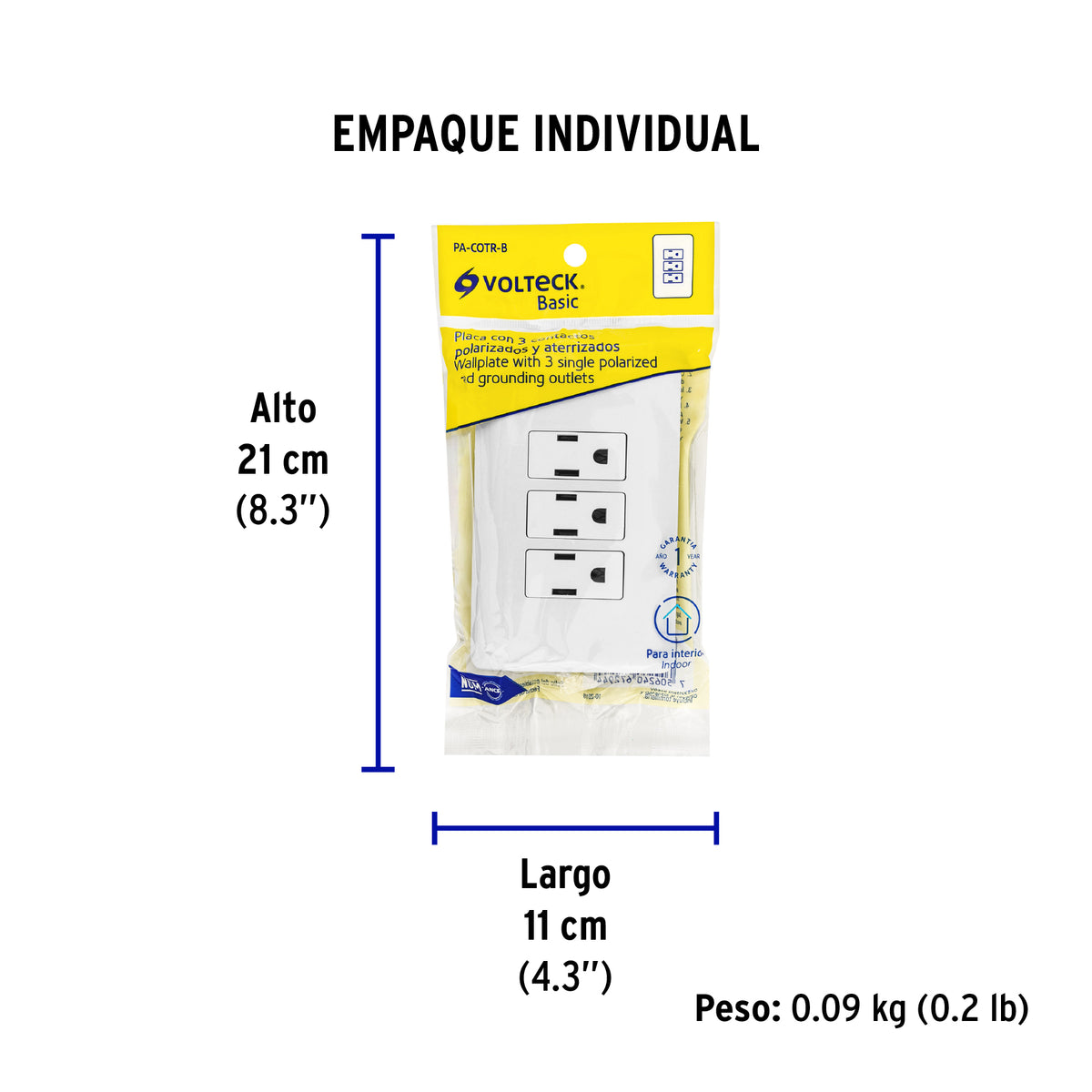Placa armada con 3 contactos, Volteck Basic