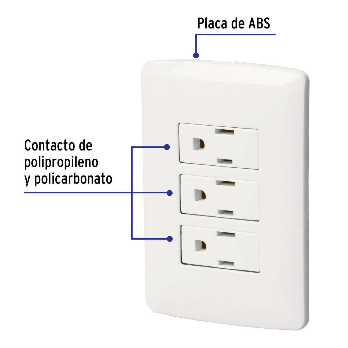Placa armada 3 contactos aterrizados, blanco, línea Italiana blanco