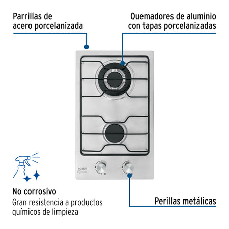 Parrilla gas empotrable 30 cm 2 quemadores esmalte FOSET