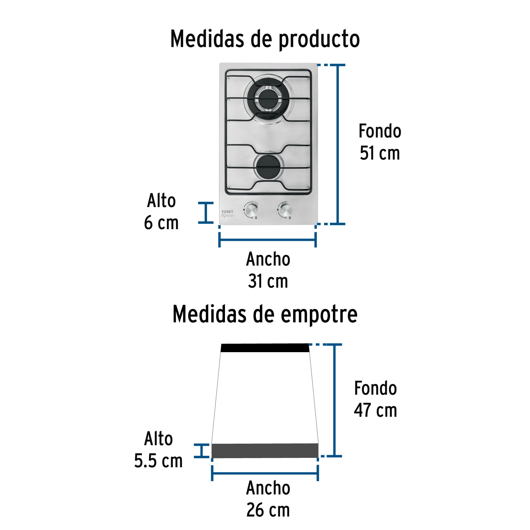 Parrilla gas empotrable 30 cm 2 quemadores esmalte FOSET
