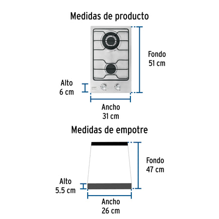 Parrilla gas empotrable 30 cm 2 quemadores esmalte FOSET