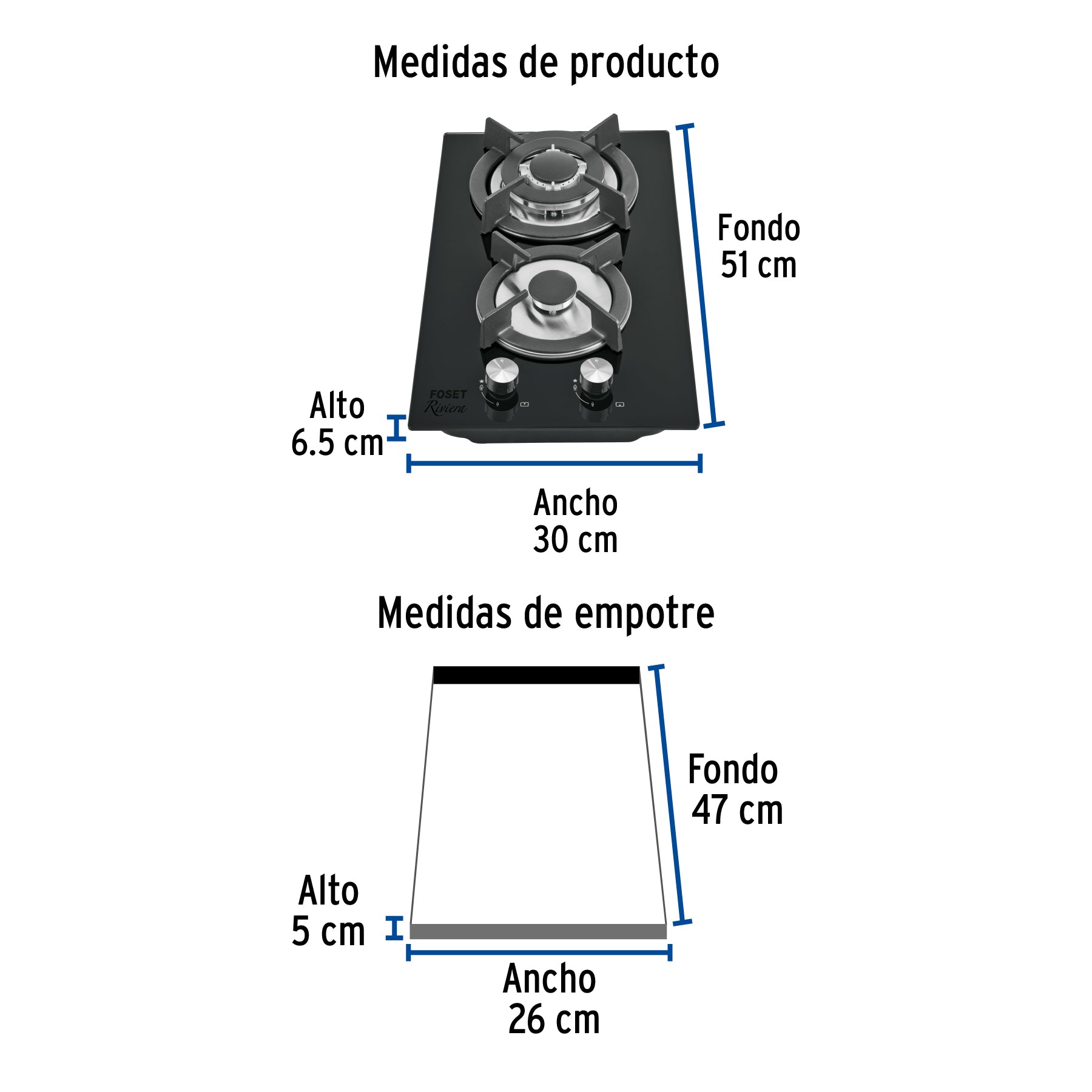 Parrilla gas empotrable 30cm 2 quem vidrio negro RIVIERA
