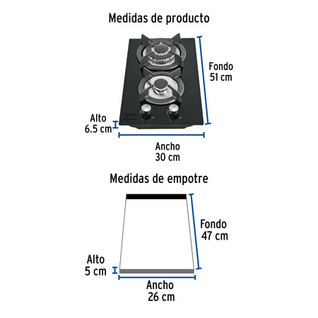 Parrilla gas empotrable 30cm 2 quem vidrio negro RIVIERA