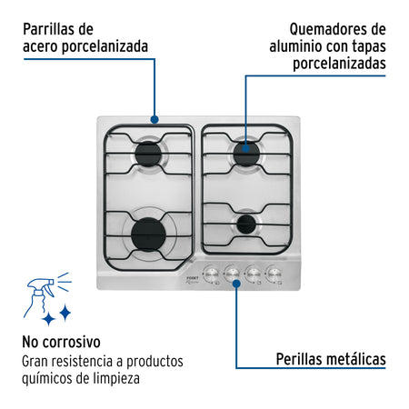 Parrilla gas empotrable 60 cm, 4 quemadores, esmalte, FOSET