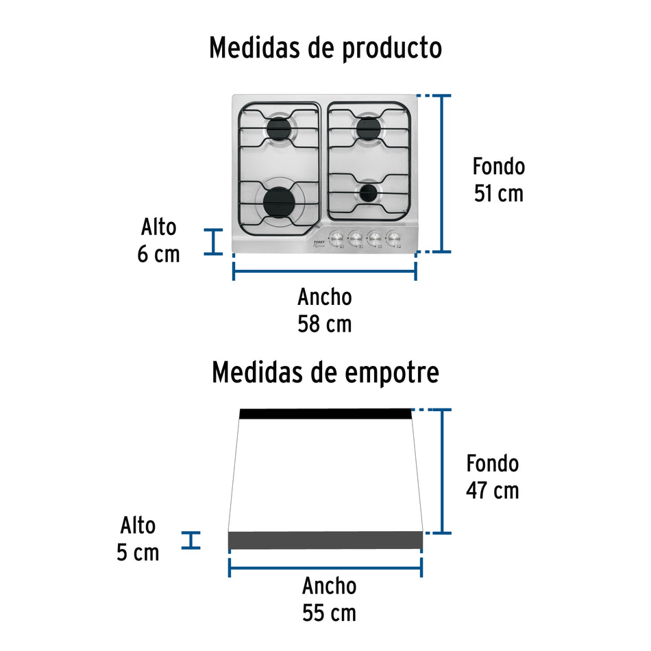 Parrilla gas empotrable 60 cm, 4 quemadores, esmalte, FOSET
