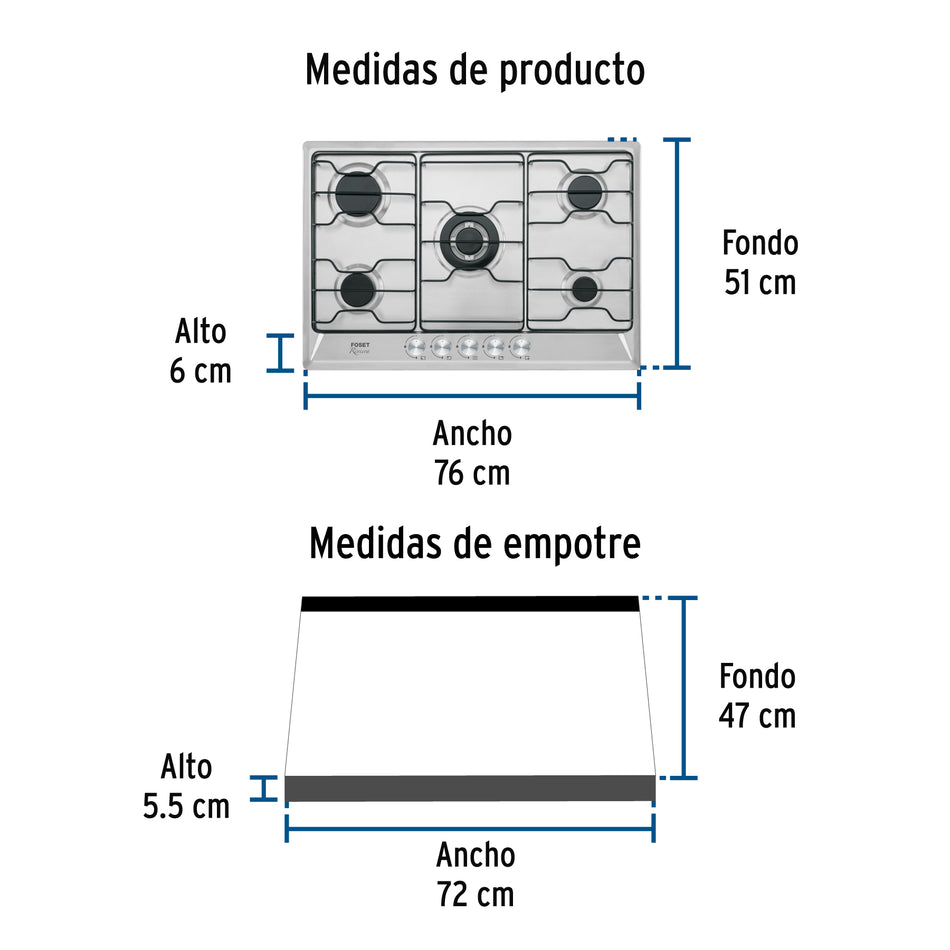 Parrilla gas empotrable 75 cm, 5 quemadores, esmalte, FOSET