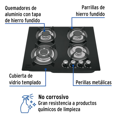 Parrilla gas empotrable 60cm 4 quem vidrio negro RIVIERA