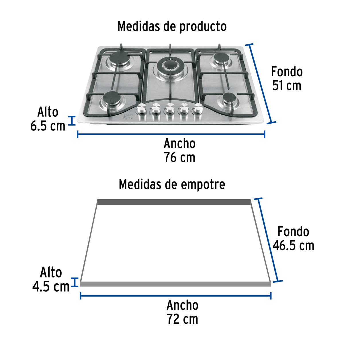 Parrilla gas empotrable 5 quem acero inox RIVIERA 75 cm