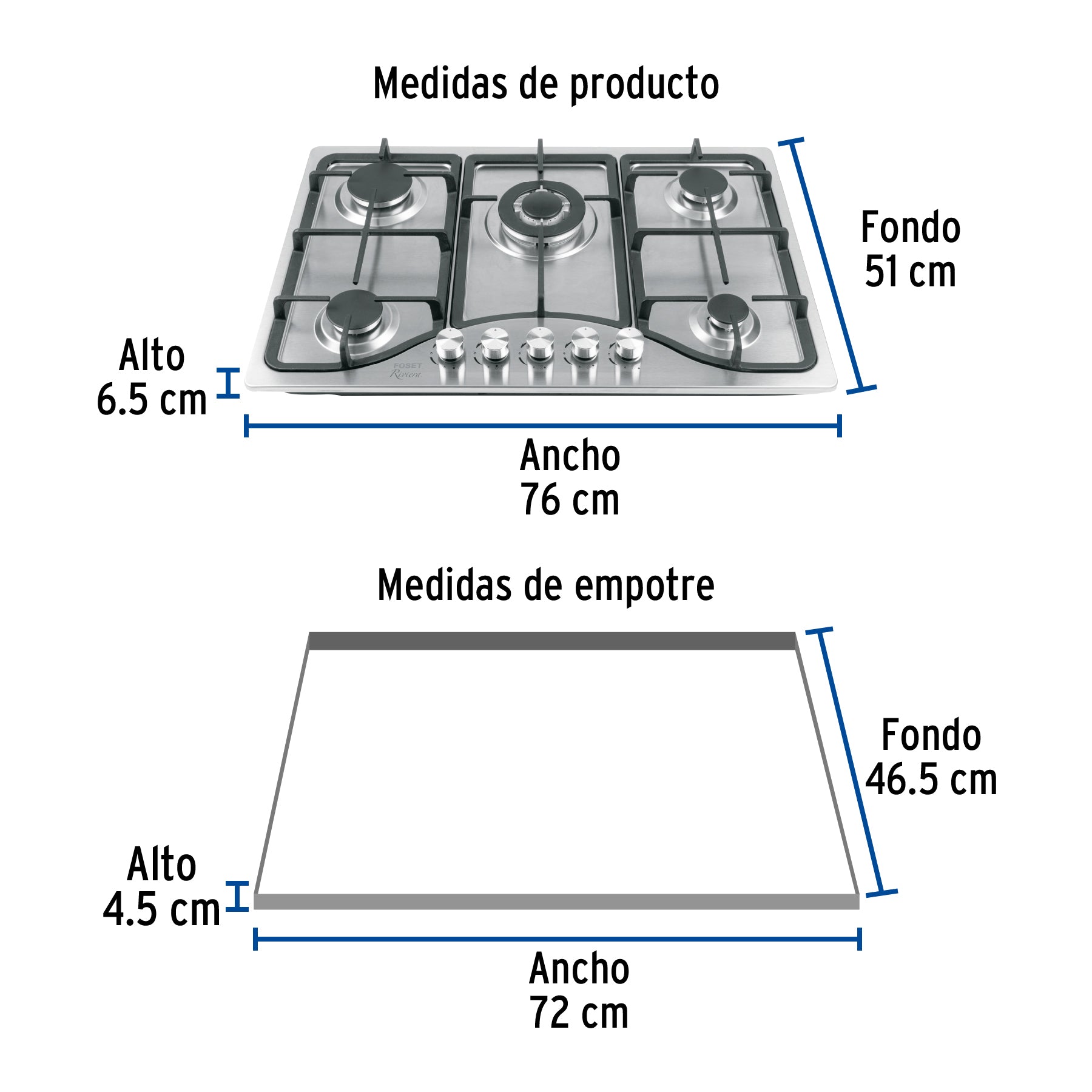 Parrilla gas empotrable 5 quem acero inox RIVIERA 75 cm